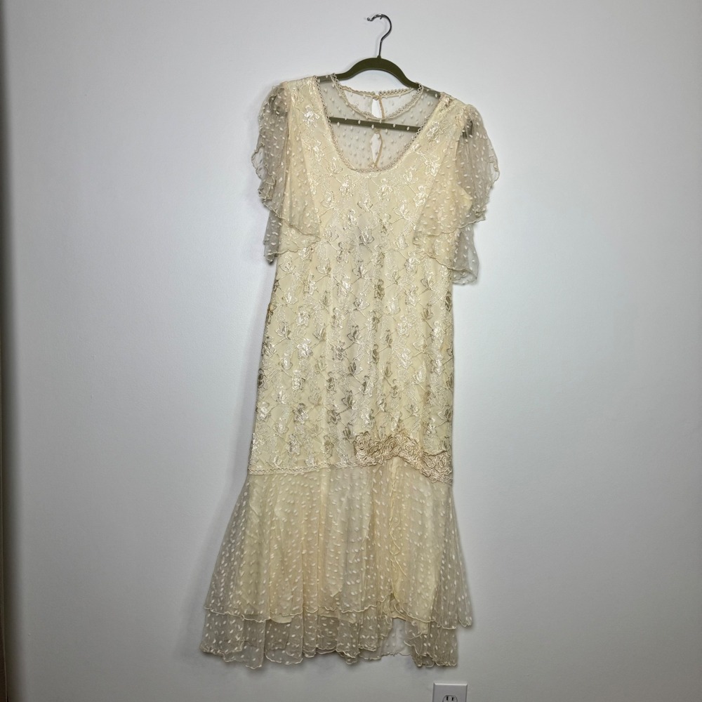 Vintage Mister Jay 80s Dress Embroidered Floral Lace Size 12 Bridal Mesh